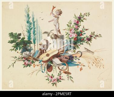 Dessin, dessin pour un tissu tissé ou imprimé; fabriqué par P. et C. Lacour; France; crayon noir, pinceau et aquarelle, gouache sur papier crème; 50,3 x 32,6 cm (19 13/16 x 12 13/16 po) Banque D'Images