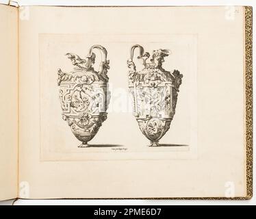 Imprimé, dessins pour Ewers, de Dessins d'orfèvrerie (dessins pour la métallurgie); attribué à Léonard Thiry (flamand, 1550); cercle de Rosso Fiorentino (italien, 1494 - 1540); gravé par René Boyvin (français, 1525 - 1625), Pierre Milan (français, 1500 - 1557); France; gravure sur papier couté Banque D'Images