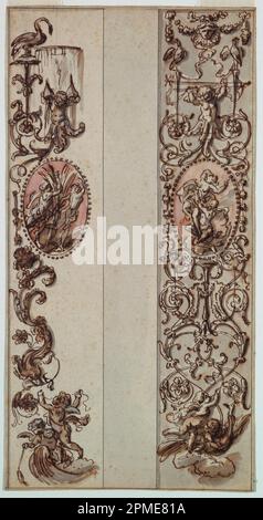 Dessin, projet pour un panneau peint; France; graphite, stylo et encre, pinceau et aquarelle, sépia sur papier Banque D'Images