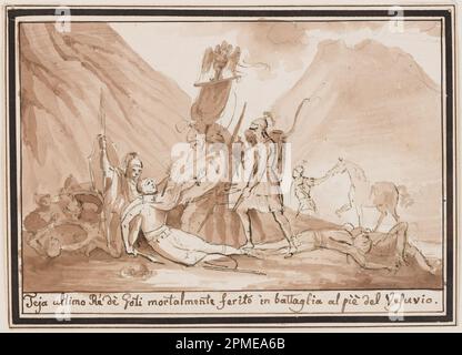 Dessin, la mort du roi Teja; conçu par Pietro Narducci (italien, actif 1809 - 1841); Italie; crayon, stylo, encre, pinceau, aquarelle marron sur papier ; 11,3 × 15,8 cm (4 7/16 × 6 1/4 po.) Banque D'Images
