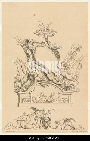 Imprimé, dessin pour Cartouche avec couronne, deux Putti servant Bacchus, et deux Lions de 'cartouts Nouvellement Inventez'; dessiné par Jean Bernard Honoré Toro (français, 1661 - 1731); gravé par Charles Nicolas Cochin le plus jeune (1715 - 1790); gravé sur du papier à poser Havane ; 29,5 x 19,9 cm (11 5/8 x 7 13/16 po) Banque D'Images