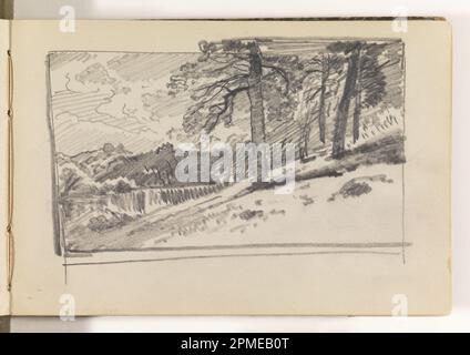 Carnet d'esquisses Folio, Hillside avec arbres, eau et montagnes lointaines; William Trost Richards (américain, 1833–1905); États-Unis; graphite sur papier vélin crème, relié; 8,9 x 15 cm (3 1/2 x 5 7/8 po.), feuille irrégulière: 12,8 x 19,2 cm (5 1/16 x 7 9/16 po.) Banque D'Images