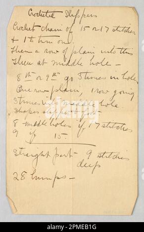 Note manuscrite, page manuscrit avec instructions pour les chaussons de crochetage; conçu par A.N. Davenport Co.; stylo et encre noire sur papier grand livre à motif de vélin crème; 20,0 x 12,4 cm (7 7/8 x 4 7/8 po) Banque D'Images