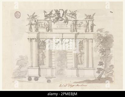 Dessin, porte dans un mur de jardin; conçu par Filippo Marchionni (italien, 1732–1805); Italie; charbon de bois, graphite, pinceau et aquarelle grise sur papier ; 19,6 x 27,2 cm (7 11/16 x 10 11/16 po.) Banque D'Images