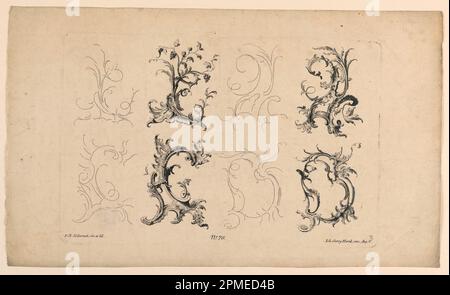 Imprimé, Rocaille motif, du lot n° 76; conçu par Franz Xaver Habermann (allemand, Pologne, 1721–1796); Imprimeur: Johann Georg Hertel (allemand, ca. 1700–1776) ; Allemagne ; gravure sur papier ; plaque : 19,7 × 29,9 cm (7 3/4 × 11 3/4 po.) Papier : 24,7 × 41,2 cm (9 3/4 × 16 1/4 po) Banque D'Images