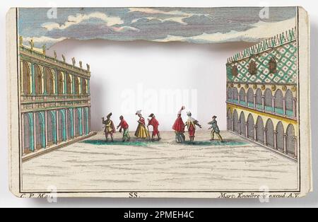 Imprimé, le Carnaval de Venise (PEP-show); Martin Engelbrecht (allemand, 1684–1756); Allemagne; gravure, pinceau et aquarelle sur papier ; 9,6 x 15 cm (3 3/4 x 5 7/8 po.) Banque D'Images