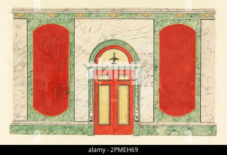 Dessin, Red Door, mural marbleisé; conçu par Frederick Crace (anglais, 1779–1859); Angleterre; stylo et encre noire, pinceau et gouache rouge, vert, jaune et gris laver sur papier vélin blanc; hors tout: 22,8 x 37,4 cm (9 x 14 3/4 po) Banque D'Images