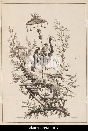 Imprimé, Ecriers d'autruche, assiette d'un ensemble de représentations de Chinoiserie; conçu par Jean-Baptiste Pillement (français, 1728–1808); France; gravure sur papier; 35,9 × 25,4 cm (14 1/8 po. × 10 po) Banque D'Images