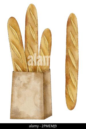 Baguette française aquarelle, un sac de baguettes. Illustration des produits de boulangerie dessinés à la main Banque D'Images