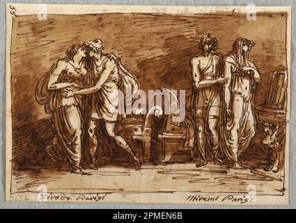Dessin, l'amour d'Helen et de Paris; conçu par Felice Giani (italien, 1758–1823); Italie; stylo et encre brune, pinceau et lavage brun sur papier crème; 21,8 × 15,4 cm (8 9/16 × 6 1/16 po) Banque D'Images
