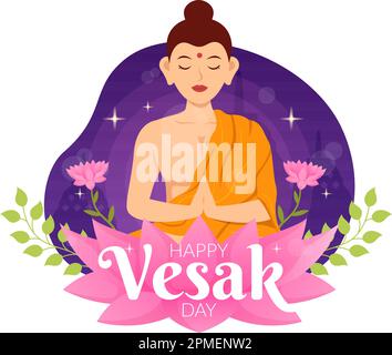 VVesak Day Celebration Vector Illustration avec Silhouette de Temple, fleur de Lotus, lanterne ou Bouddha personne en dessin main de dessin animé à plat Illustration de Vecteur