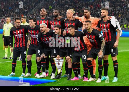 Milan, Italie. 12th avril 2023. Le départ-11 de l'AC Milan pour la finale du quart de la Ligue des champions de l'UEFA entre l'AC Milan et Naples à San Siro à Milan. (Crédit photo : Gonzales photo/Alamy Live News Banque D'Images