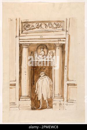 Dessin, élévation d'une porte avec la figure d'un homme; architecte: Giuseppe Barberi (italien, 1746–1809); Italie; stylo et encre brune, pinceau et lavage brun, encre rouge sur papier blanc cassé, doublé; image: 27,3 x 20,1 cm (10 3/4 x 7 15/16 po.) Banque D'Images