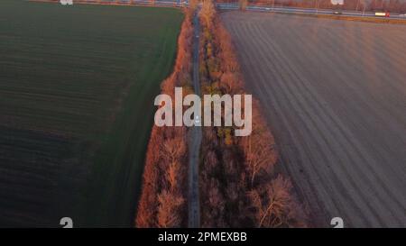 Voiture blanche conduisant la route de terre entre les champs agricoles campagne le soir d'automne à l'aube du coucher du soleil. Vue de dessus, vue de drone aérienne. Transport transport expédition. Voyages tourisme voyages voyageurs Banque D'Images