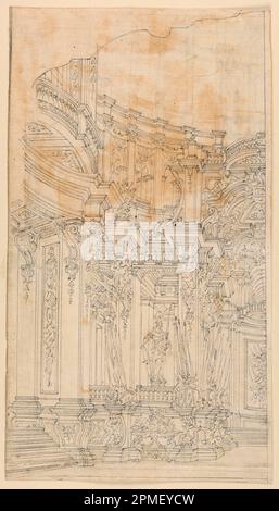 Dessin, conception de scène: Architecture de palais avec trophées; Italie; plume et bistre sur papier coulé Banque D'Images