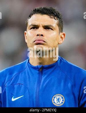 Madrid, Espagne. 12/04/2023, Thiago Silva du FC Chelsea lors du match de la Ligue des champions de l'UEFA, quart-finale, 1st pieds entre le Real Madrid et le FC Chelsea joué au stade Santiago Bernabeu sur 12 avril 2023 à Madrid, Espagne. (Photo de Sergio Ruiz / PRESSIN) Banque D'Images