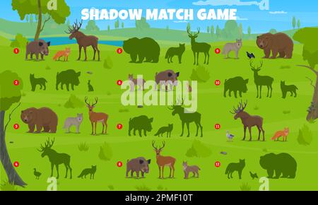 Jeu Shadow Match. Trouvez la même silhouette d'animaux et d'oiseaux forestiers. Jeu vectoriel, feuille de travail avec loup, sanglier, ours et cerf, renard, lièvre, élans o Illustration de Vecteur