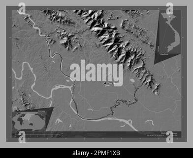 Vinh Phuc, province du Vietnam. Carte d'altitude à deux niveaux avec lacs et rivières. Lieux et noms des principales villes de la région. Emplacement auxiliaire d'angle Banque D'Images