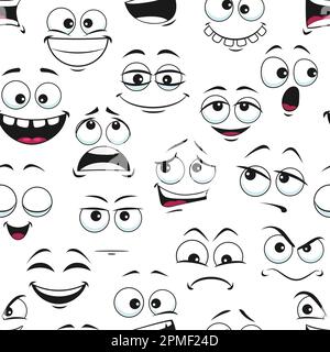 Les visages amusants de dessin animé fond sans couture, émoticônes vectorielles ou sourires joyeux et drôles. Motif de visage mooji de bande dessinée avec des expressions amusantes, e Illustration de Vecteur