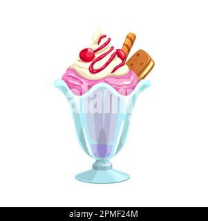 Glace à dessin animé dans une tasse en verre. Dessert Vector sundae, glace à la fraise, crème fouettée, cerises et garnitures de sirop de fruits doux, chocolat Illustration de Vecteur