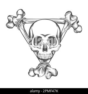 Gravure Tatttoo o f Skull en triangle d'os humains isolés sur fond blanc. Illustration vectorielle Illustration de Vecteur