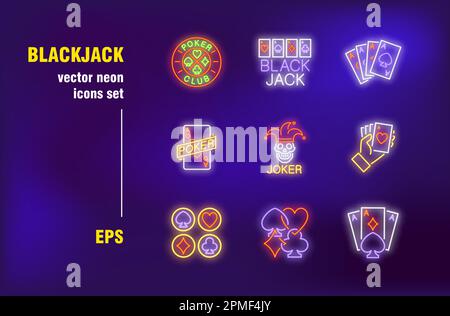 Jeu de panneaux néon de Blackjack Illustration de Vecteur