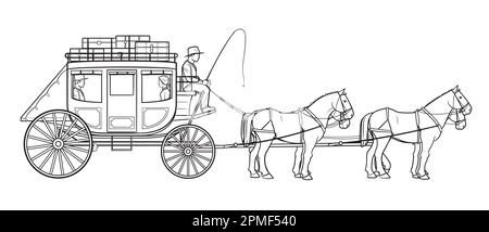Chariot Stagecoach avec quatre chevaux et illustration du vecteur pilote. Illustration de Vecteur