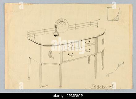 Dessin, conception pour panneau latéral avec rail en laiton et pieds en laiton ; conçu par A.N. Davenport Co.; stylo et encre noire, un peu de graphite, sur papier crème mince; 17,8 x 27,0 cm (7 x 10 5/8 po) Banque D'Images