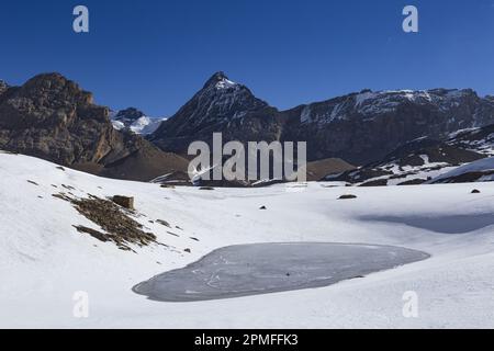 Népal, projet d'aire de conservation d'Annapurna, lac gelé sur le plateau vers 5000m avant le lac Tilicho Banque D'Images