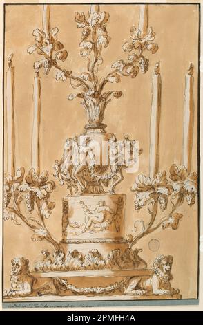 Dessin, Candlestick Representing automne; architecte: Giuseppe Barberi (italien, 1746–1809); Italie; stylo et encre brune, pinceau et lavage brun sur papier blanc cassé, doublé; image: 43,4 x 28,8 cm (17 1/16 x 11 5/16 po.) Banque D'Images