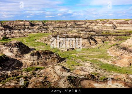 Un cliché pittoresque d'une vallée de Drumheller avec une couche d'herbe verte sur la surface érodée Banque D'Images