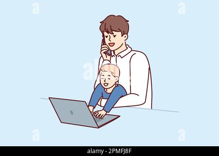 Jeune père freelance avec bébé dans les bras travaille avec ordinateur portable et fait appel téléphonique pendant les restrictions de quarantaine. Père avec petit garçon fait le travail à distance et élève son fils en même temps Illustration de Vecteur