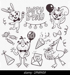 Animaux d'anniversaire et éléments de célébration. Quatre animaux mignons avec des cadeaux et des ballons. Un lapin, une grenouille, un écureuil et un canard. Style de dessin animé. Isolé Illustration de Vecteur