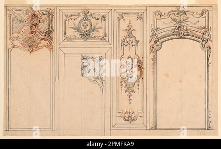 Dessin, dessin pour une élévation murale avec panneaux en bois; attribué à Nicolas Pineau (français, 1684-1754); France; stylo et encre brune, crayon rouge, graphite sur papier peint en crème; 23,4 x 38,1 cm (9 3/16 x 15 po) Banque D'Images