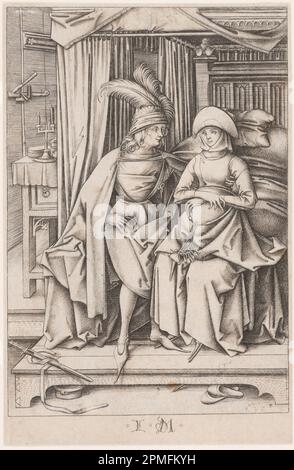 Print, Un couple assis sur un lit; Print Maker: Israhel van Meckenem (allemand, ca. 1440 - 1503); Allemagne; gravure sur papier blanc; 17,1 x 11,4 cm (6 3/4 x 4 1/2 po) Banque D'Images