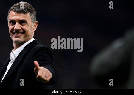 Milan, Italie. 12 avril 2023. Paolo Maldini gestuelle avant le quart de finale du match de football de la première jambe de l'UEFA Champions League entre l'AC Milan et la SSC Napoli. Credit: Nicolò Campo/Alay Live News Banque D'Images