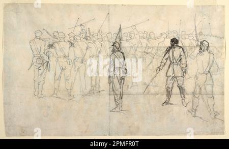 Dessin, Infantry Rifle Drill, Sickles Regiment, Lee's Mills, Virginie; Winslow Homer (américain, 1836–1910) ; États-Unis ; graphite sur papier ; 22,5 x 37,5 cm (8 7/8 x 14 3/4 po.) Banque D'Images