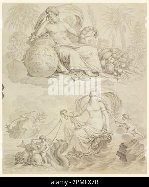 Dessin, dessin pour impression de coton: Les quatre éléments; conçu par Bonaventure M. Lebert (1759–1836), J. L. Lebert (français, début du 19th siècle); fabriqué par Hartmann et fils (France); France; stylo et encre noire, pinceau et lavage gris sur papier à poser; 42 x 35,5 cm (16 9/16 po. x 14 po) Banque D'Images