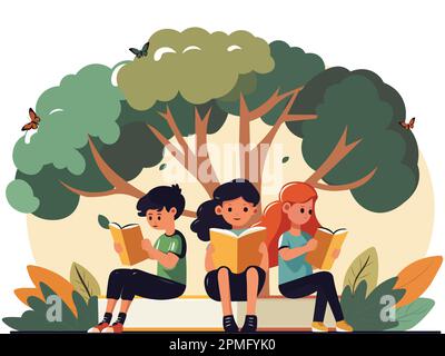 Enfants personnages lisant des livres sous l'arbre et papillons dans la vue sur la nature. Illustration de Vecteur