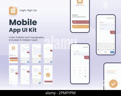 Interface utilisateur de l'application mobile, UX, disposition de l'interface graphique avec différents écrans de connexion, y compris les écrans connexion au compte, connexion et Mot de passe pour les éléments filaires de site Web réactifs. Illustration de Vecteur