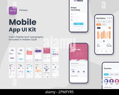 Kit d'interface utilisateur de l'application Fitness Mobile comprenant l'écran connexion au compte, inscription, entraînement et statistiques pour les éléments filaires de site Web réactifs. Illustration de Vecteur