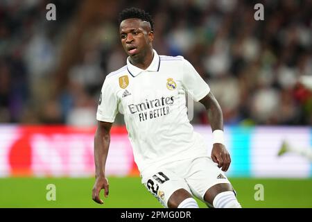 Madrid, Espagne. 12/04/2023, Vinicius Jr du Real Madrid lors du match de la Ligue des champions de l'UEFA, quart-finale, 1st pieds entre le Real Madrid et le Chelsea FC joué au stade Santiago Bernabeu sur 12 avril 2023 à Madrid, Espagne. (Photo de Sergio Ruiz / PRESSIN) Banque D'Images