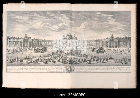 Impression liée, Veüe perspective de la décoration élevée sur la terrasse du Château de Versailles pour l’illumination et le feu d’artifice qui a été mis à l’occasion du mariage de Madame Louise-Elisabeth de France avec Don Philippe second Jnfant d’Espagne le XXVI Aoust M.DCC. XXXIX. (Vue en perspective des décorations construites sur la terrasse du Château de Versailles pour l'illumination et les feux d'artifice lancés à l'occasion du mariage de Madame Louise-Elisabeth de France à Philippe d'Espagne, 26 août 1739); conçu par Michel de Bonneval (français, d. 1766); Gravé par Charles Nicolas Co Banque D'Images