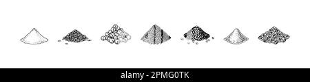 Piles d'épices. Ensemble de poignées de différents types d'assaisonnement. Cuisson d'ingrédients naturels. Illustration vectorielle dessinée à la main dans un style d'esquisse Illustration de Vecteur