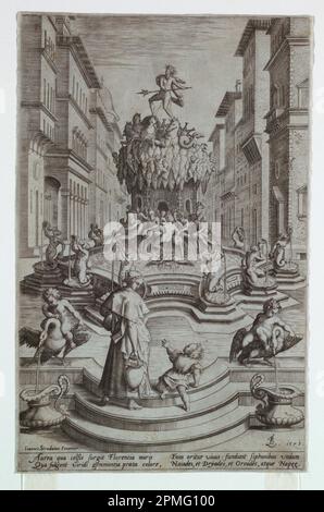 Imprimé, Fontaine de Neptune, Florence; d'après Ioannes (Giovanni) Stradanus, Jan van der Straet, appelé Stradanus (flamand, 1523–1605); Imprimeur: Master F.B.; Italie; gravure sur papier couté; tapis: 45,7 x 48,3 cm (18 x 19 po) Banque D'Images