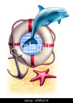 Composition sur le thème de la mer comprenant un dauphin et une étoile de mer. Illustration de supports mixtes. Banque D'Images