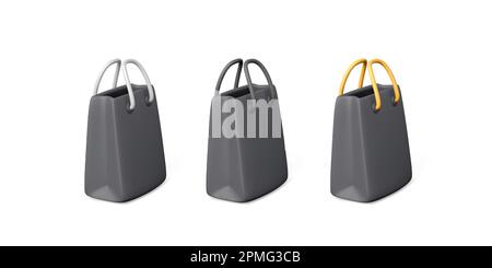 Ensemble de papier noir de luxe cadeau. 3D maquette de dessin animé réaliste. Sac à provisions noir avec poignée blanche, noire et jaune. Vider le sac d'achats pour br Illustration de Vecteur
