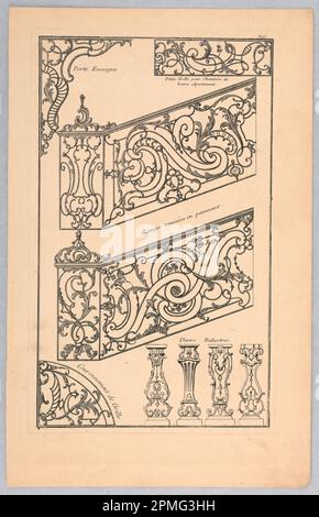 Imprimé, dessins pour l'art décoratif, planche 95 de divers dessins de balcons a plusieurs usages (variété de dessins de balcon); conçu par Claude René Gabriel Poulleau (français, n.1749); gravé par Jacques Chéreau (français, 1688–1776); gravure sur papier Banque D'Images