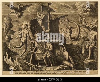 Imprimé, Ferdinandes Magalanes Lusitanus, planche 4 de 'Americae Retectio'; Jan van der Straet, appelé Stradanus (flamand, 1523–1605); gravé par Adriaen Collaert (flamand, ca. 1560 – 1618) ; pays-Bas ; gravure sur papier blanc cassé ; 21 x 28 cm (8 1/4 x 11 po.) Banque D'Images