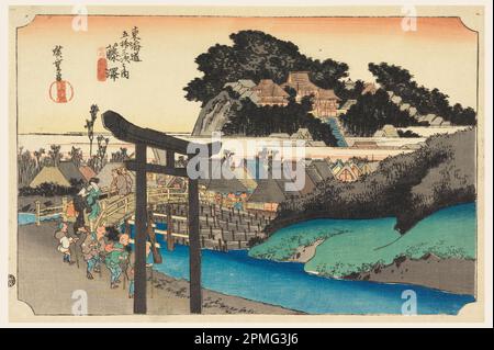 Imprimé, Temple Yugoyoji (Fugisawa), dans les cinquante-trois stations de la route Tokaido (Tokaido Gojusan Tsugi-no Uchi); Ando Hiroshige (japonais, 1797 - 1858); Japon; impression de blocs de bois à l'encre colorée sur papier; 24 x 36,9 cm (9 7/16 x 14 1/2 po) Banque D'Images